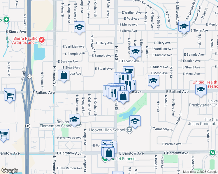 map of restaurants, bars, coffee shops, grocery stores, and more near 738 East Bullard Avenue in Fresno