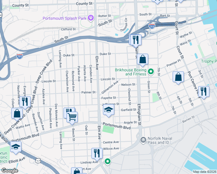 map of restaurants, bars, coffee shops, grocery stores, and more near 208 Gilmerton Avenue in Portsmouth