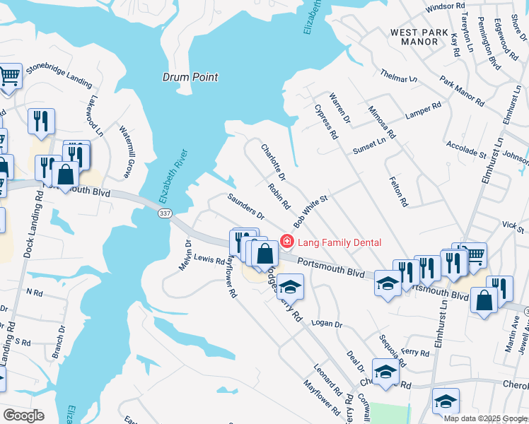 map of restaurants, bars, coffee shops, grocery stores, and more near 317 Saunders Drive in Portsmouth