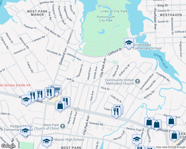 map of restaurants, bars, coffee shops, grocery stores, and more near 111 Smith Avenue in Portsmouth