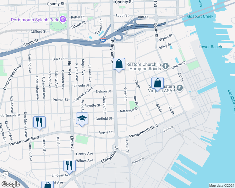 map of restaurants, bars, coffee shops, grocery stores, and more near 2023 Effingham Street in Portsmouth