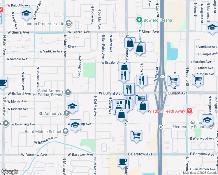 map of restaurants, bars, coffee shops, grocery stores, and more near 6035 North Glenn Avenue in Fresno