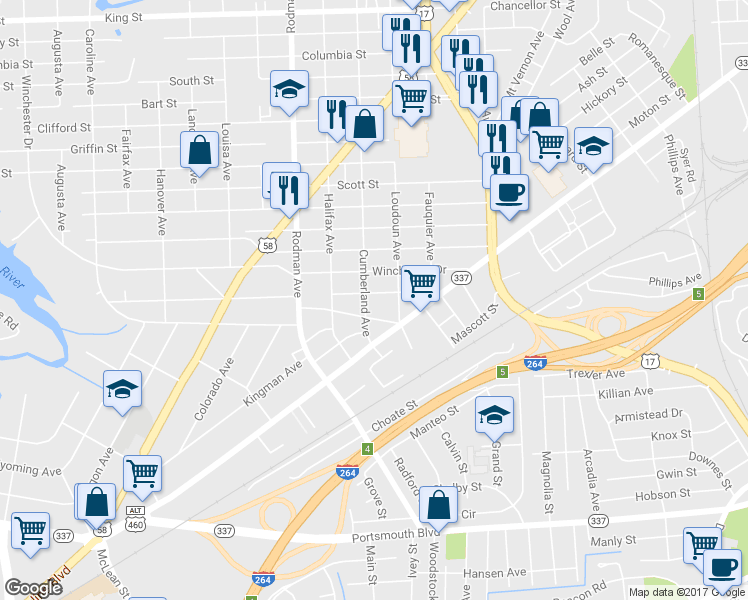 map of restaurants, bars, coffee shops, grocery stores, and more near 3411 Nelson Street in Portsmouth
