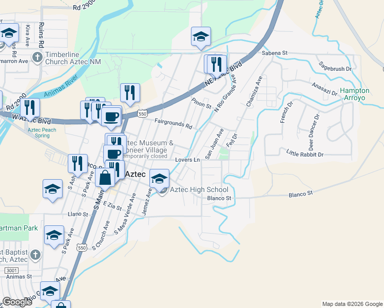 map of restaurants, bars, coffee shops, grocery stores, and more near 304 North Rio Grande Avenue in Aztec
