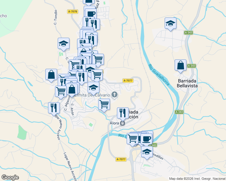 map of restaurants, bars, coffee shops, grocery stores, and more near 44 Calle Mirasierra in Álora