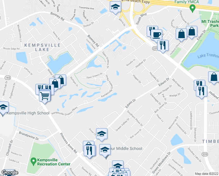 map of restaurants, bars, coffee shops, grocery stores, and more near 4849 Strand Drive in Virginia Beach