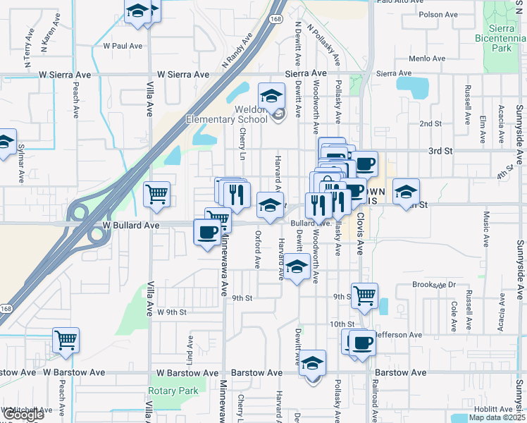 map of restaurants, bars, coffee shops, grocery stores, and more near 245 Bullard Avenue in Clovis