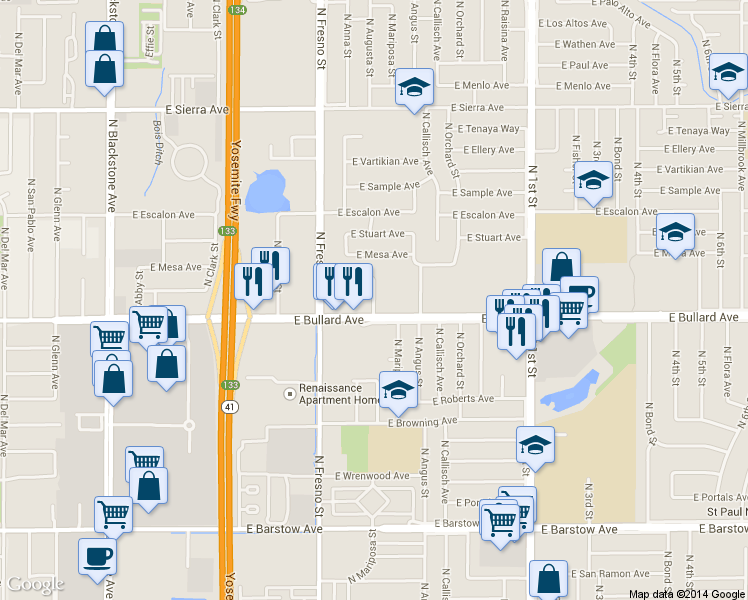 map of restaurants, bars, coffee shops, grocery stores, and more near 6027 North Augusta Street in Fresno