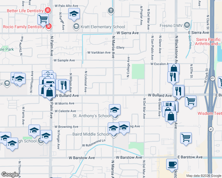 map of restaurants, bars, coffee shops, grocery stores, and more near 6042 North Maroa Avenue in Fresno
