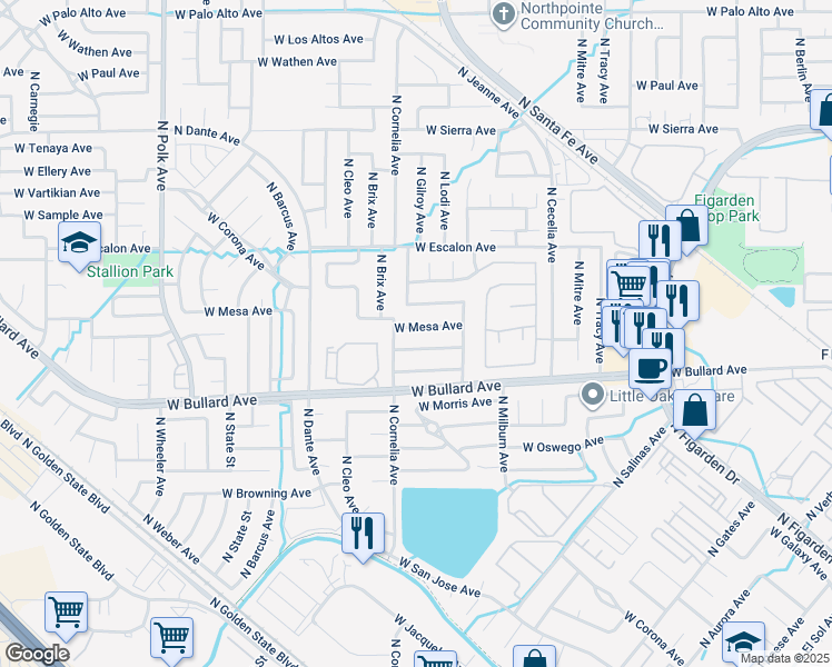 map of restaurants, bars, coffee shops, grocery stores, and more near 4773 West Mesa Avenue in Fresno