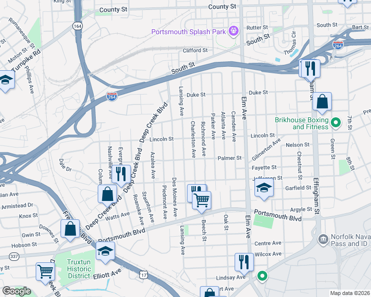 map of restaurants, bars, coffee shops, grocery stores, and more near in Portsmouth
