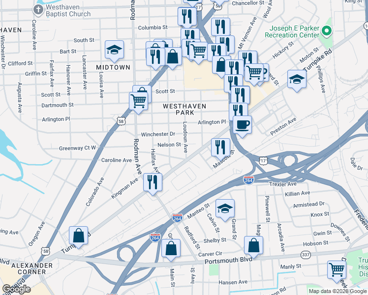 map of restaurants, bars, coffee shops, grocery stores, and more near 1805 Loudoun Avenue in Portsmouth