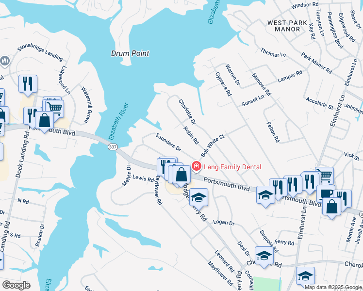 map of restaurants, bars, coffee shops, grocery stores, and more near 317 Saunders Drive in Portsmouth