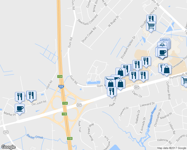 map of restaurants, bars, coffee shops, grocery stores, and more near 4308 Hillingdon Bend in Chesapeake