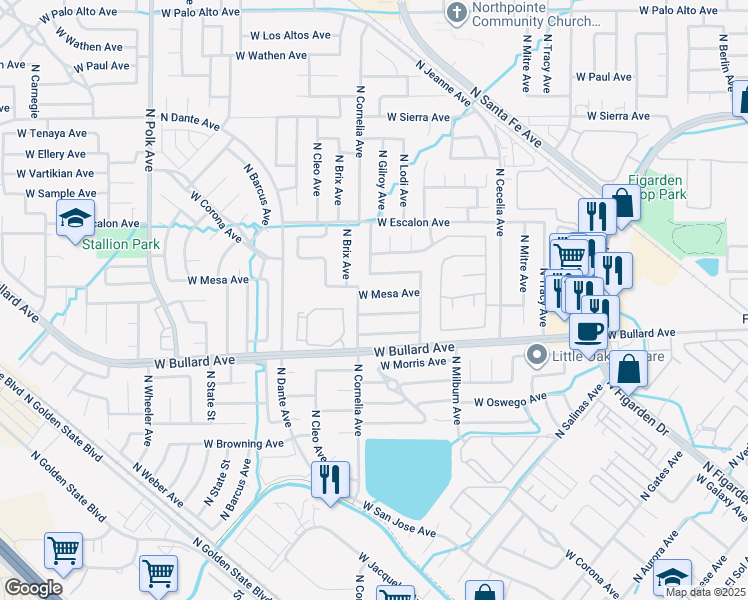 map of restaurants, bars, coffee shops, grocery stores, and more near 4773 W Mesa Ave in Fresno