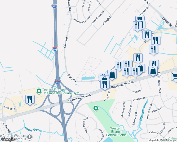 map of restaurants, bars, coffee shops, grocery stores, and more near 4308 Hillingdon Bend in Chesapeake