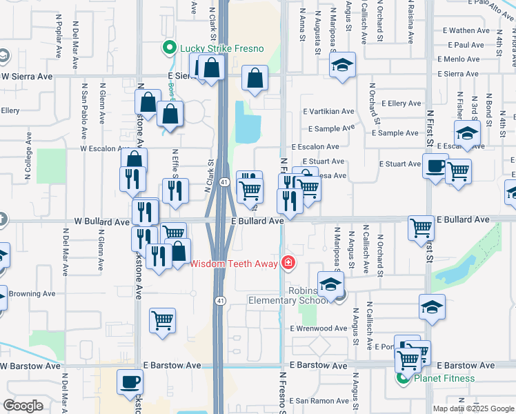 map of restaurants, bars, coffee shops, grocery stores, and more near 110 North Thesta Street in Fresno