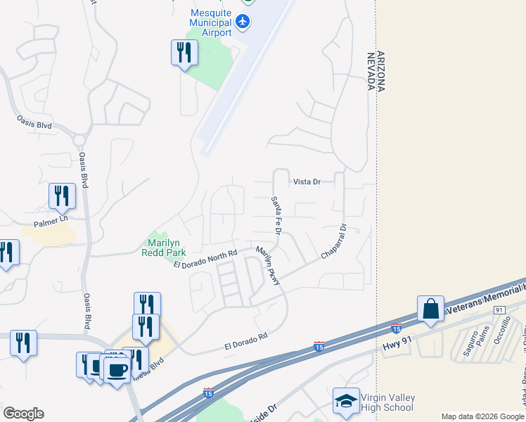map of restaurants, bars, coffee shops, grocery stores, and more near 571 W Sierra Vista Cir in Mesquite