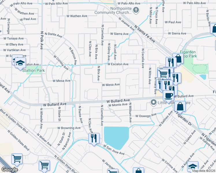 map of restaurants, bars, coffee shops, grocery stores, and more near 4773 West Mesa Avenue in Fresno