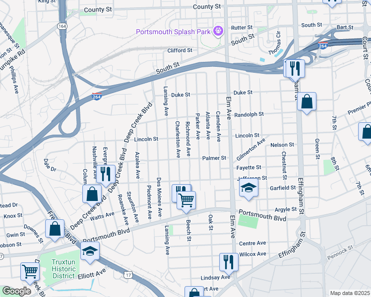 map of restaurants, bars, coffee shops, grocery stores, and more near 1916 Richmond Avenue in Portsmouth