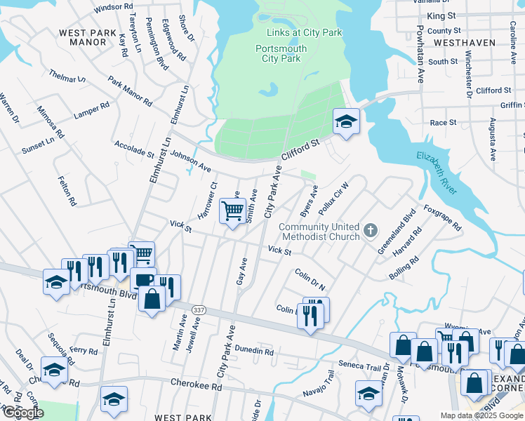 map of restaurants, bars, coffee shops, grocery stores, and more near 104 Beaton Drive in Portsmouth