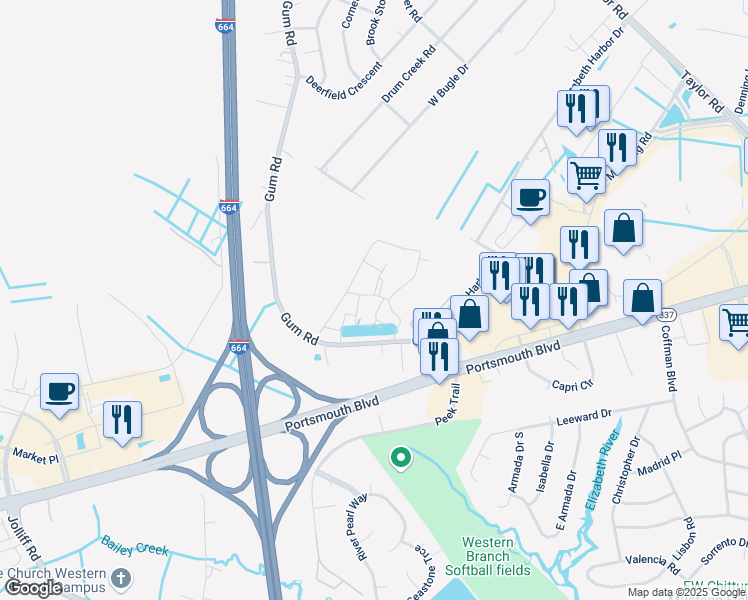 map of restaurants, bars, coffee shops, grocery stores, and more near 4332 Hillingdon Bend in Chesapeake
