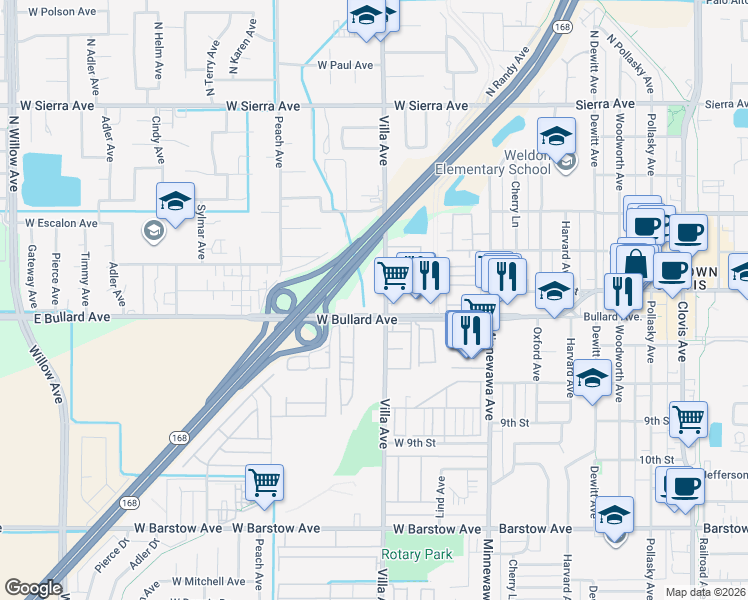 map of restaurants, bars, coffee shops, grocery stores, and more near 584 Villa Avenue in Clovis
