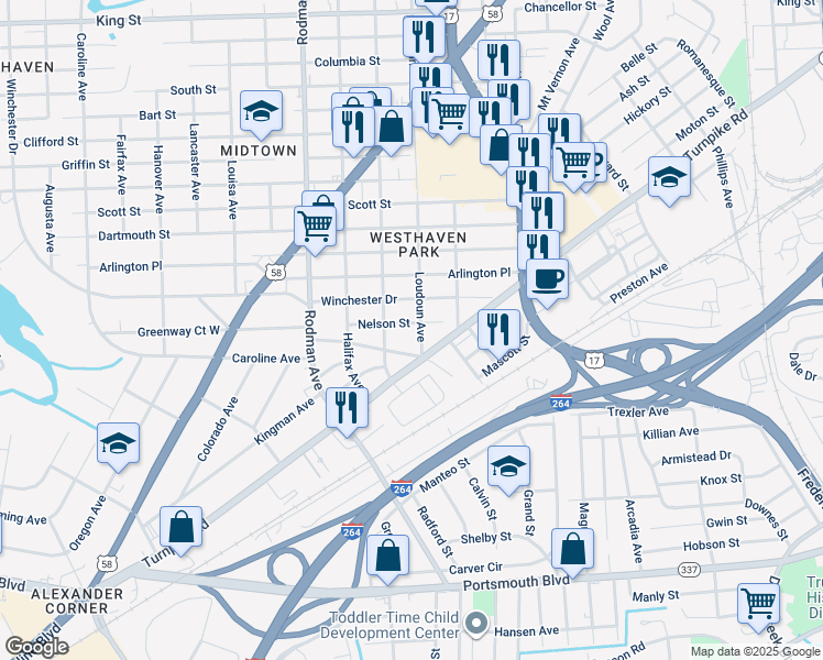 map of restaurants, bars, coffee shops, grocery stores, and more near 3403 Nelson Street in Portsmouth
