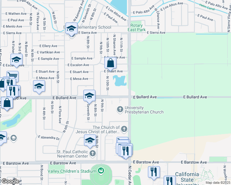 map of restaurants, bars, coffee shops, grocery stores, and more near 1752 East Bullard Avenue in Fresno