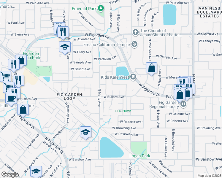 map of restaurants, bars, coffee shops, grocery stores, and more near 6045 North Selland Avenue in Fresno