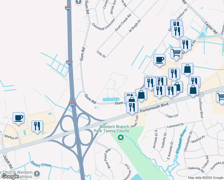 map of restaurants, bars, coffee shops, grocery stores, and more near 4324 Hillingdon Bend in Chesapeake
