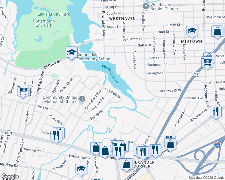 map of restaurants, bars, coffee shops, grocery stores, and more near 60 Foxgrape Road in Portsmouth