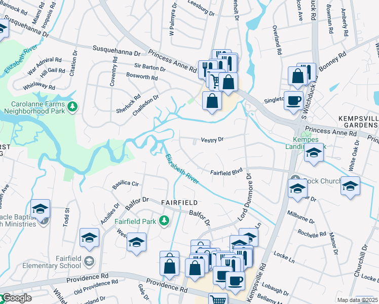 map of restaurants, bars, coffee shops, grocery stores, and more near 5304 Fairfield Boulevard in Virginia Beach