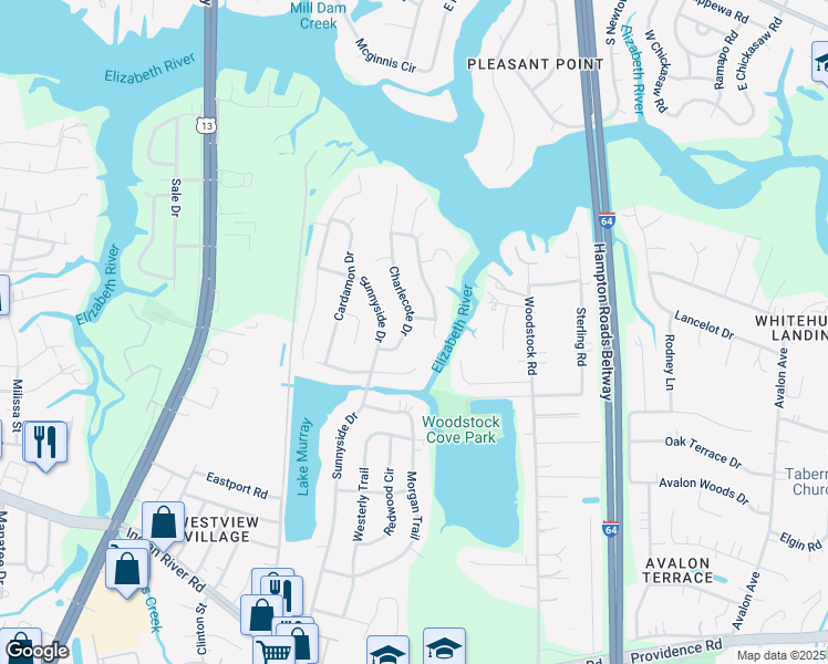 map of restaurants, bars, coffee shops, grocery stores, and more near 672 Charlecote Drive in Virginia Beach