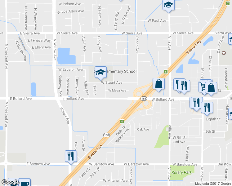 map of restaurants, bars, coffee shops, grocery stores, and more near 526 West Mesa Avenue in Clovis