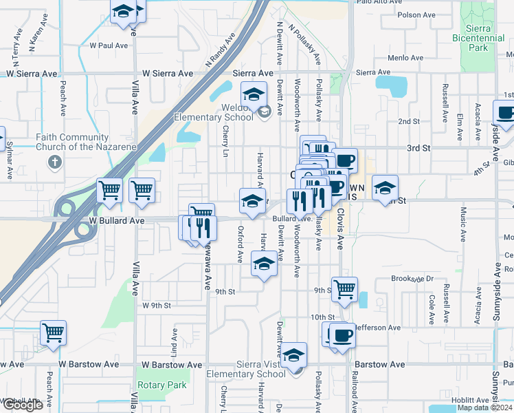 map of restaurants, bars, coffee shops, grocery stores, and more near 234 5th Street in Clovis