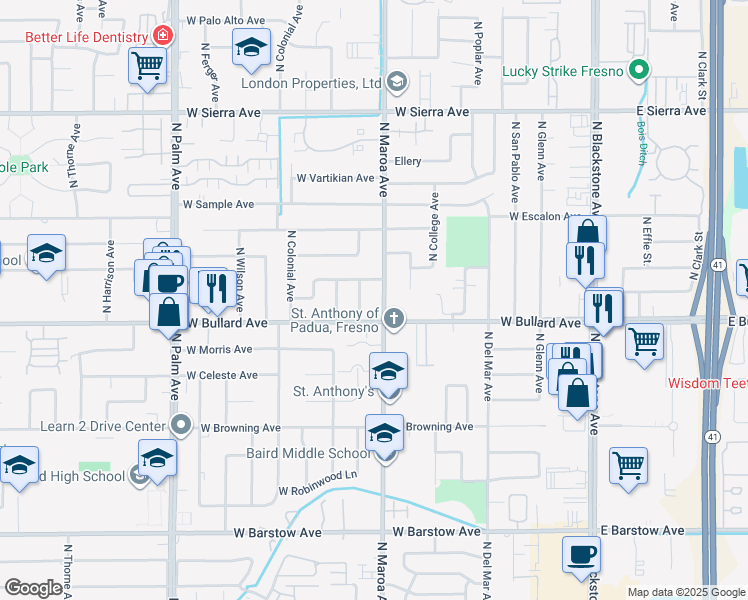 map of restaurants, bars, coffee shops, grocery stores, and more near 6042 North Maroa Avenue in Fresno