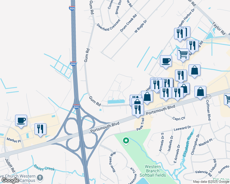 map of restaurants, bars, coffee shops, grocery stores, and more near 4308 Hillingdon Bend in Chesapeake