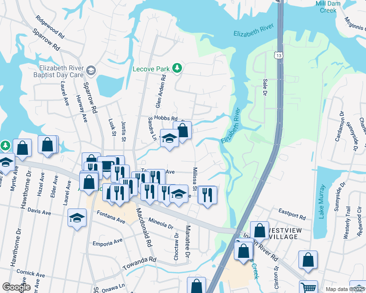 map of restaurants, bars, coffee shops, grocery stores, and more near 3314 Sandra Lane in Virginia Beach