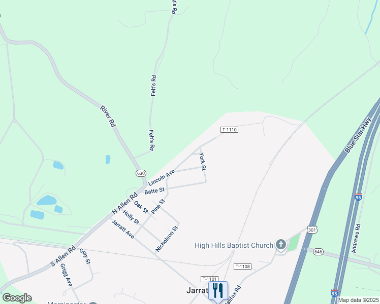 map of restaurants, bars, coffee shops, grocery stores, and more near 318 Lincoln Avenue in Jarratt