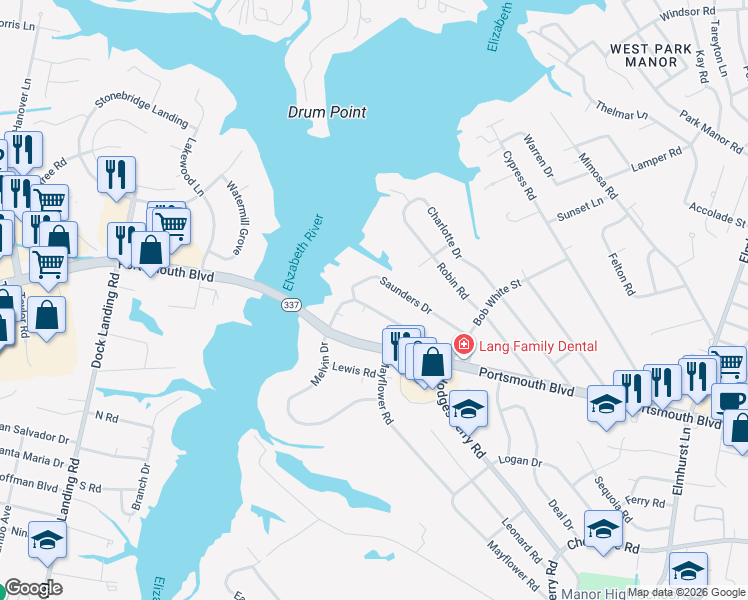 map of restaurants, bars, coffee shops, grocery stores, and more near 826 Melvin Drive in Portsmouth
