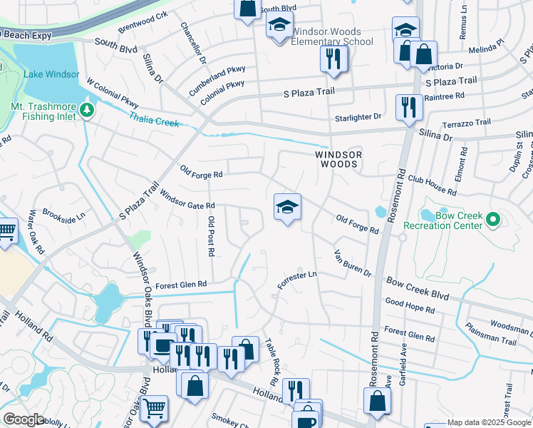 map of restaurants, bars, coffee shops, grocery stores, and more near 528 Windsor Gate Road in Virginia Beach