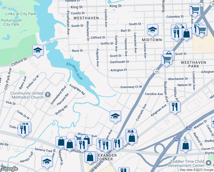map of restaurants, bars, coffee shops, grocery stores, and more near 4201 Caroline Avenue in Portsmouth