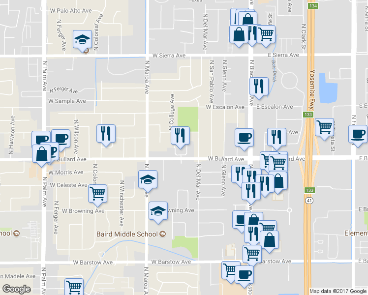map of restaurants, bars, coffee shops, grocery stores, and more near 6039 North Poplar Avenue in Fresno