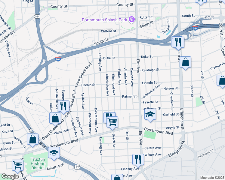 map of restaurants, bars, coffee shops, grocery stores, and more near 1916 Richmond Avenue in Portsmouth