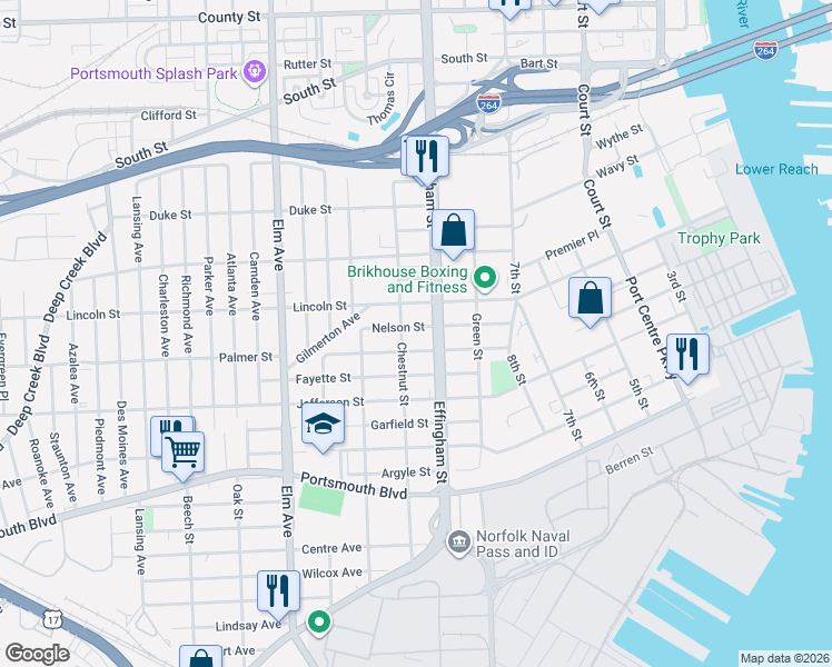 map of restaurants, bars, coffee shops, grocery stores, and more near 2006 Effingham Street in Portsmouth