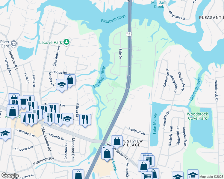 map of restaurants, bars, coffee shops, grocery stores, and more near 821 Whistling Swan Drive in Virginia Beach