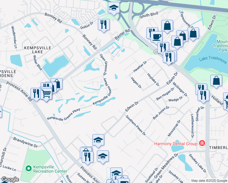 map of restaurants, bars, coffee shops, grocery stores, and more near 507 Kempsville Greens Court in Virginia Beach