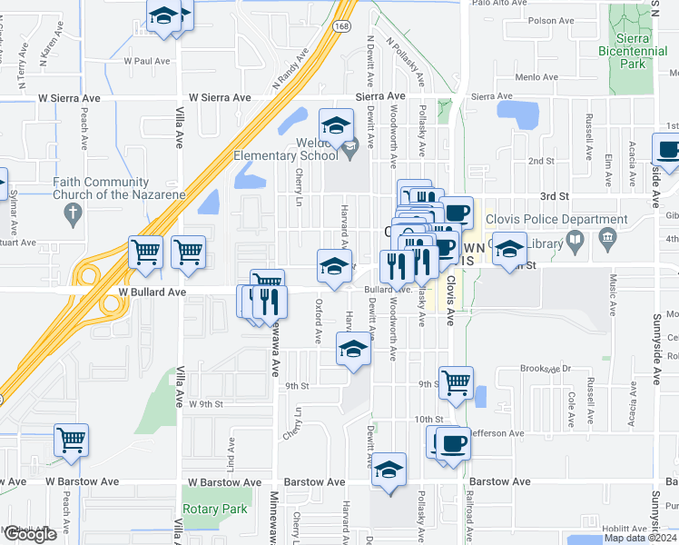 map of restaurants, bars, coffee shops, grocery stores, and more near 234 5th Street in Clovis