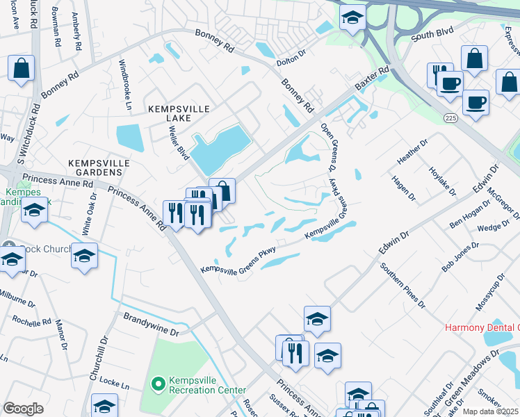 map of restaurants, bars, coffee shops, grocery stores, and more near 547 Mulligan Drive in Virginia Beach